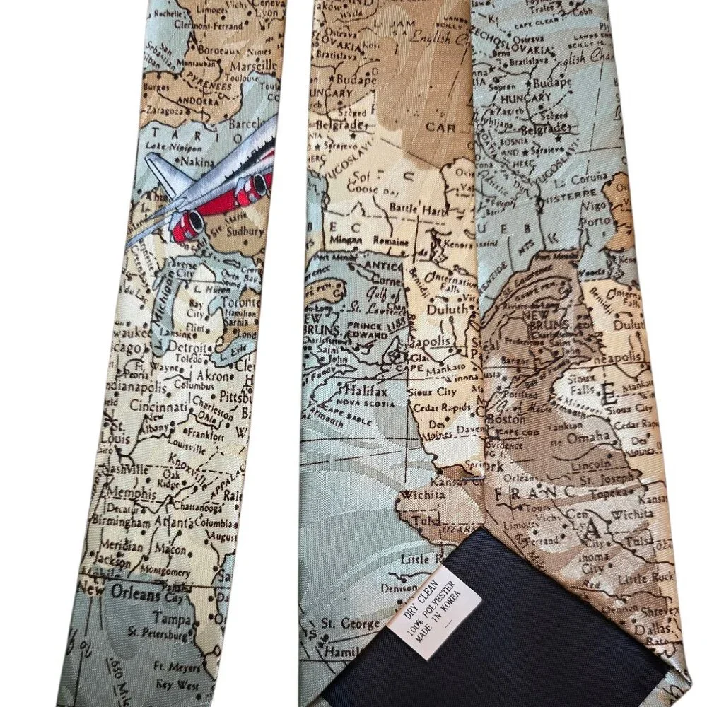 Vintage Airplane Map Tie Aviation Travel Novelty Necktie Pilot Flight Mens Tie